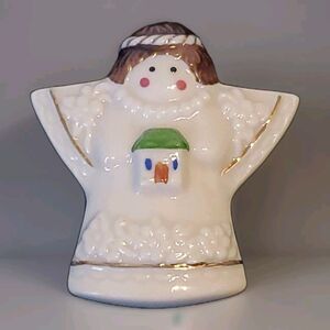 Cream Painted Ceramic Angel Holding Mini House Christmas Holiday Pin Brooch